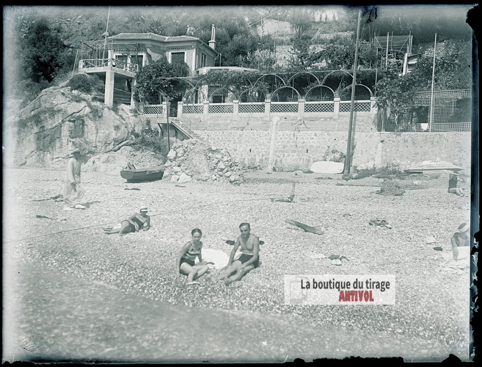 Baigneurs, plage Côte d’Azur, plaque verre photo ancienne, négatif 9x12 cm