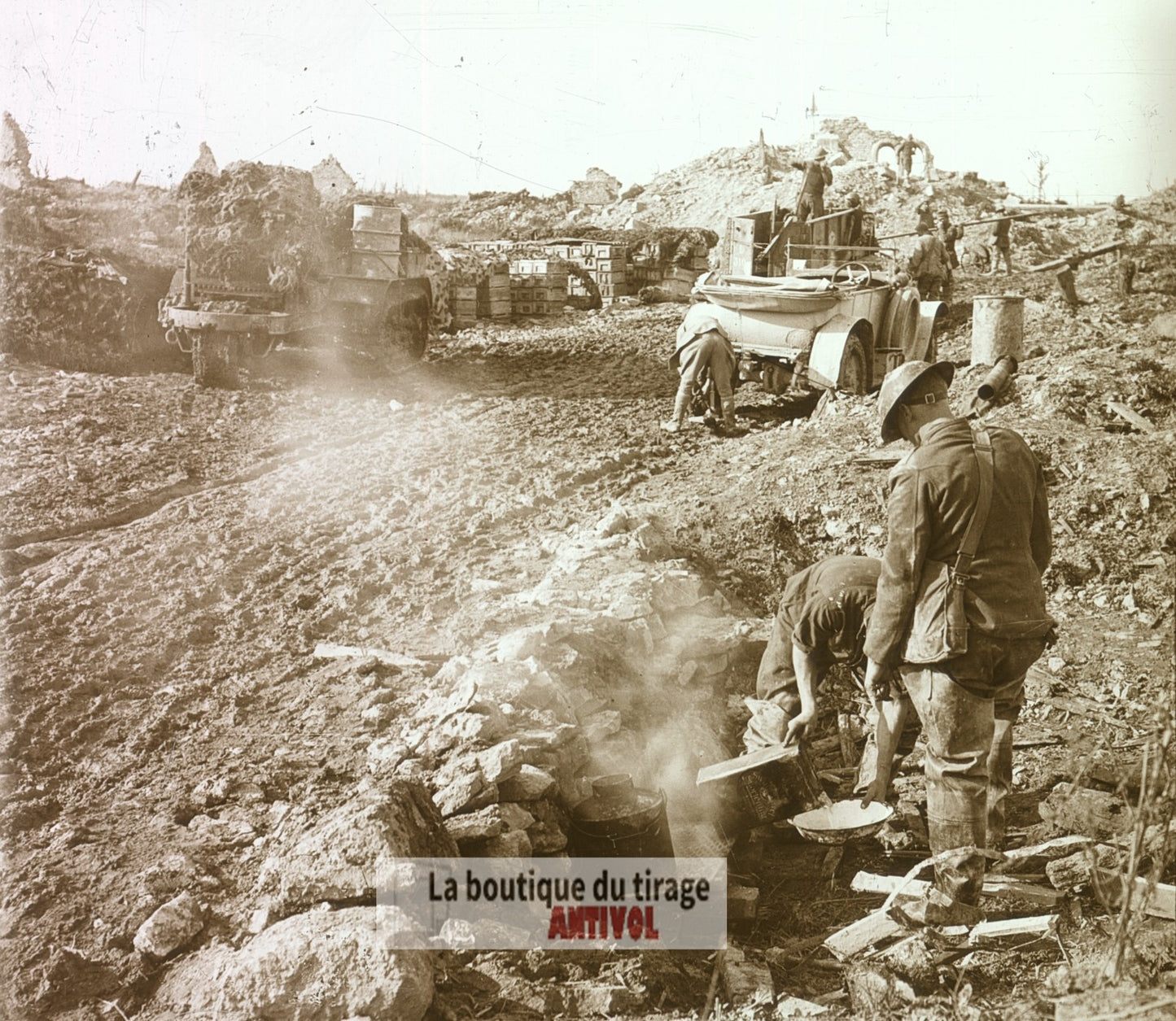 Meuse, dans les ruines, guerre WW1, plaque verre photo ancienne stéréo 6x13 cm
