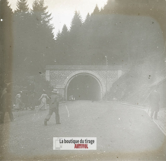 Tunnel de Bussang, Vosges, plaque verre stéréo, photo ancienne 4,5x10,7 cm