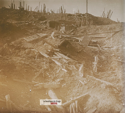Au Vieil-Armand, Vosges, guerre WW1, plaque verre photo ancienne stéréo 6x13 cm