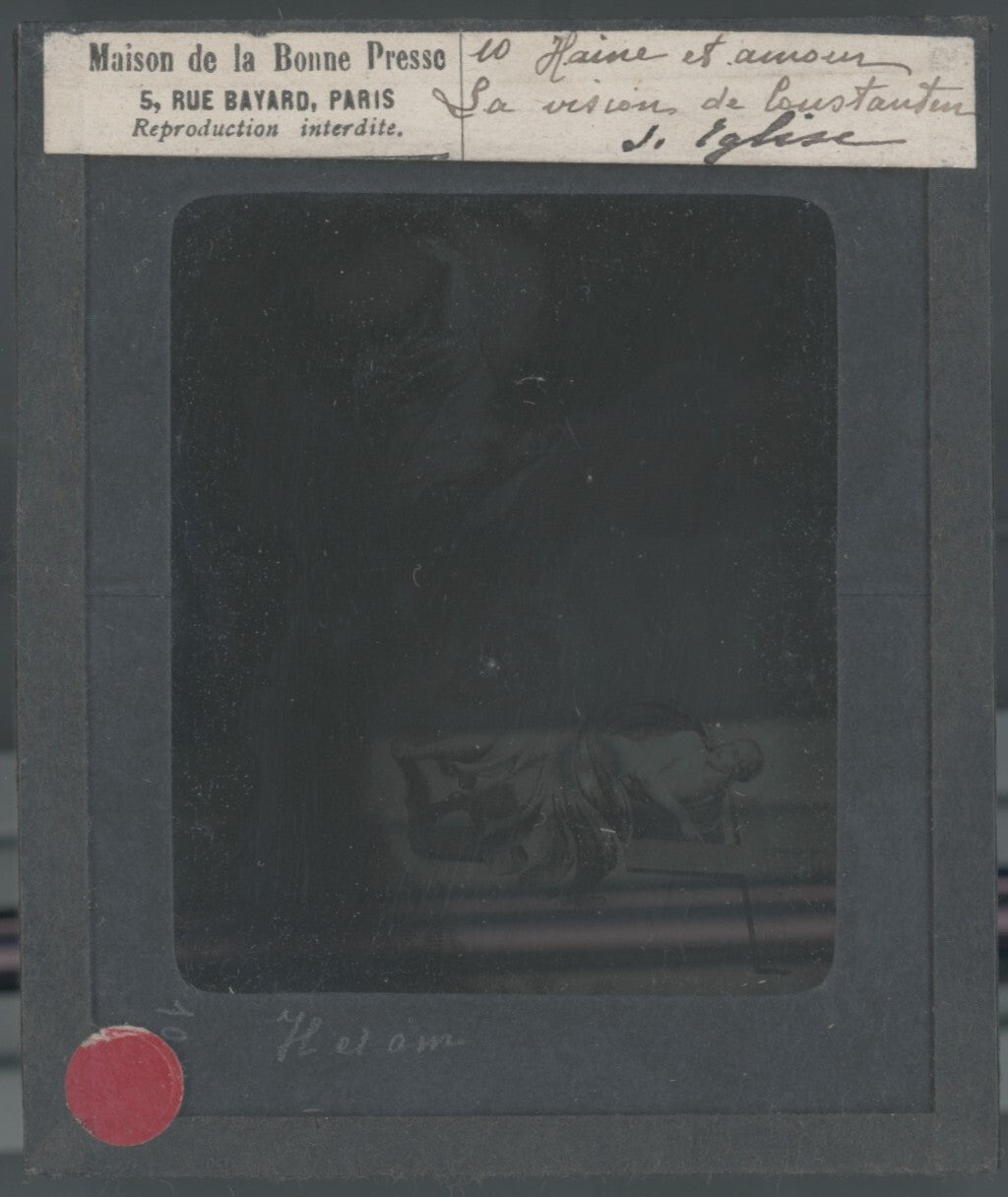 Scène religieuse, dessin, peinture, ancienne plaque de verre, positif 8,5x10 cm