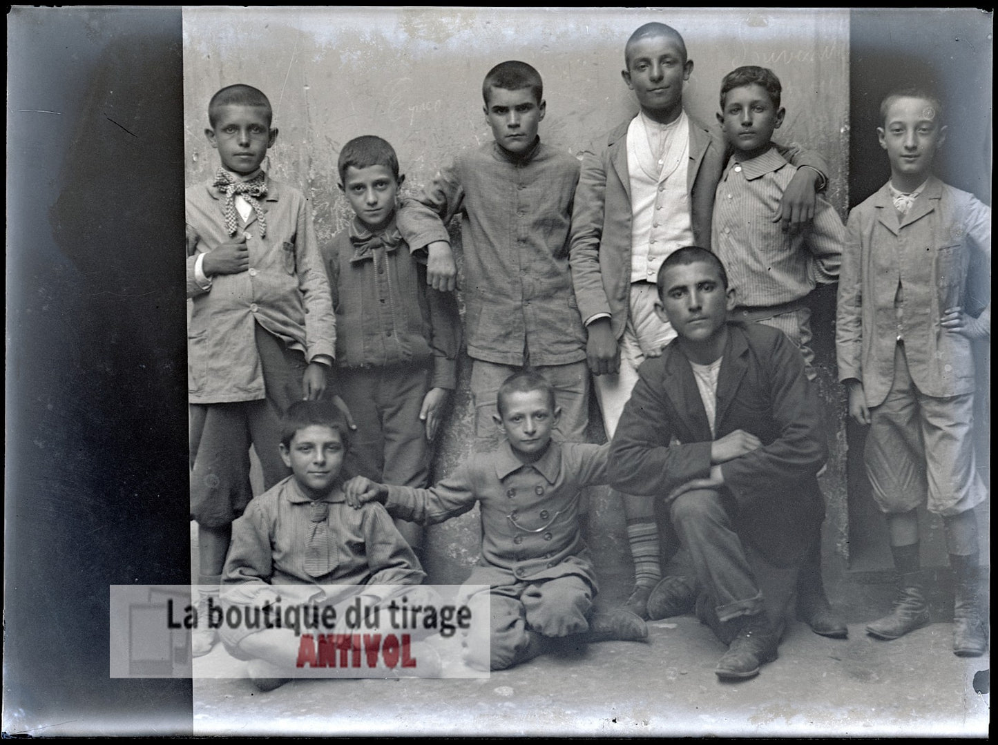 Groupe d'enfants, garçons, plaque verre, photo ancienne, négatif 9x12 cm
