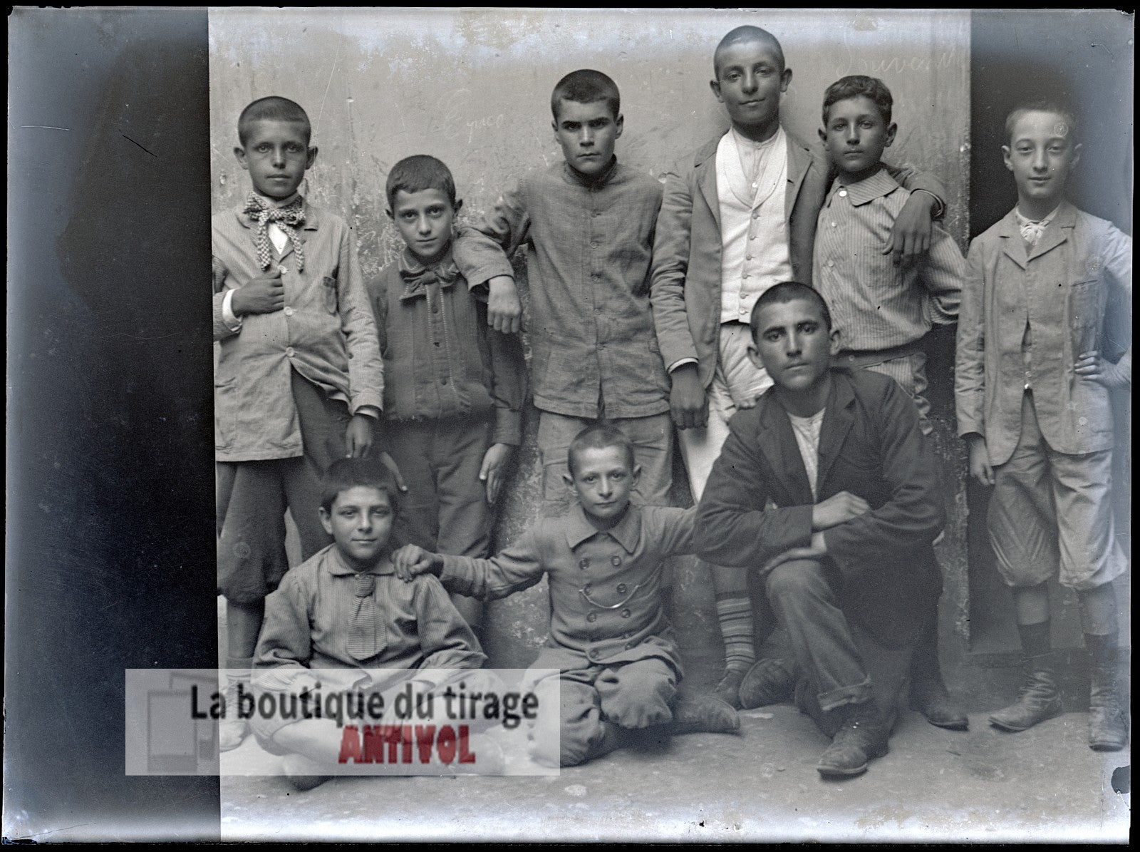 Groupe d'enfants, garçons, plaque verre, photo ancienne, négatif 9x12 cm