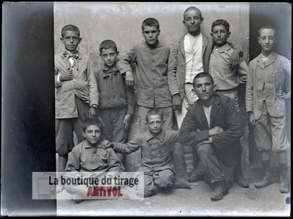 Groupe d'enfants, garçons, plaque verre, photo ancienne, négatif 9x12 cm