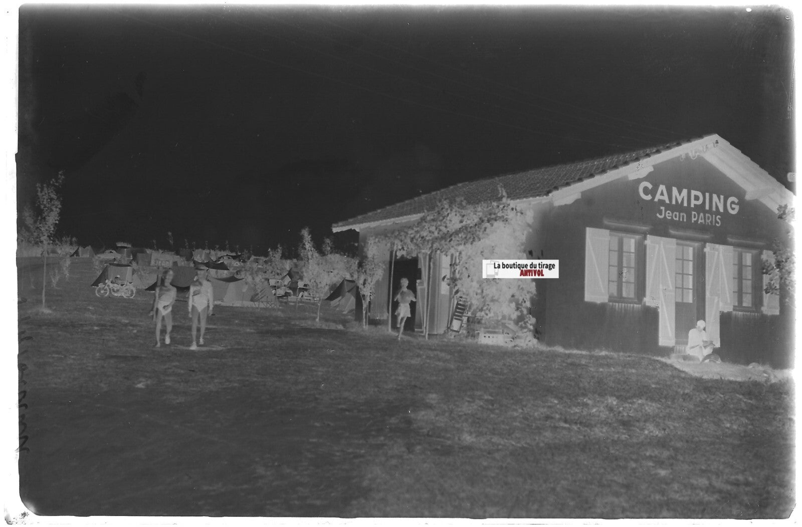 Bidart, camping Jean Paris, Plaque verre photo, négatif noir & blanc 10x15 cm