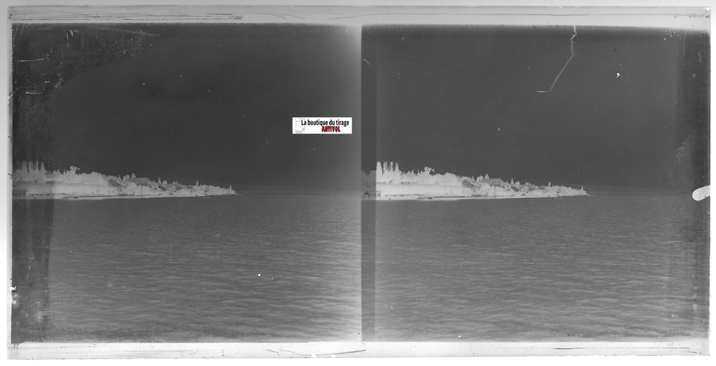 Lac, eau, Plaque verre photo ancienne, stéréo négatif noir & blanc 9x18 cm