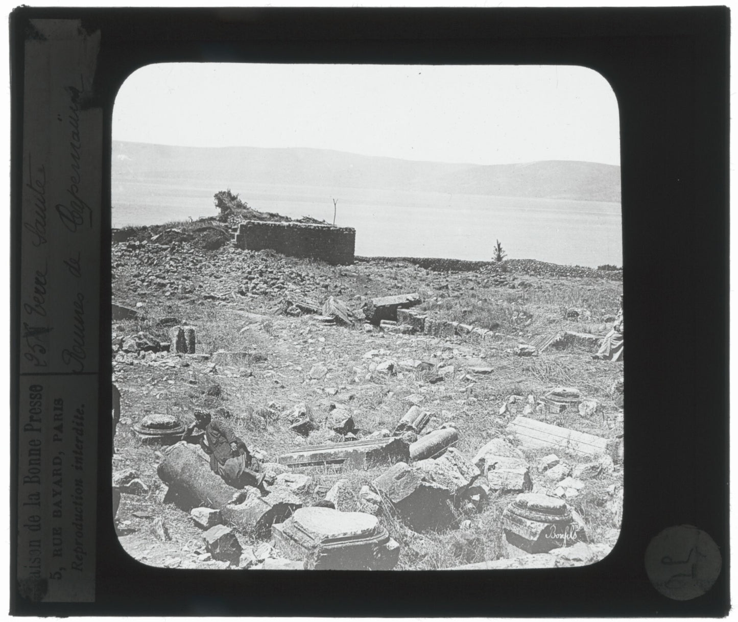 Ruines de Capharnaüm, Israël, photo ancienne plaque de verre, positif 8,5x10 cm