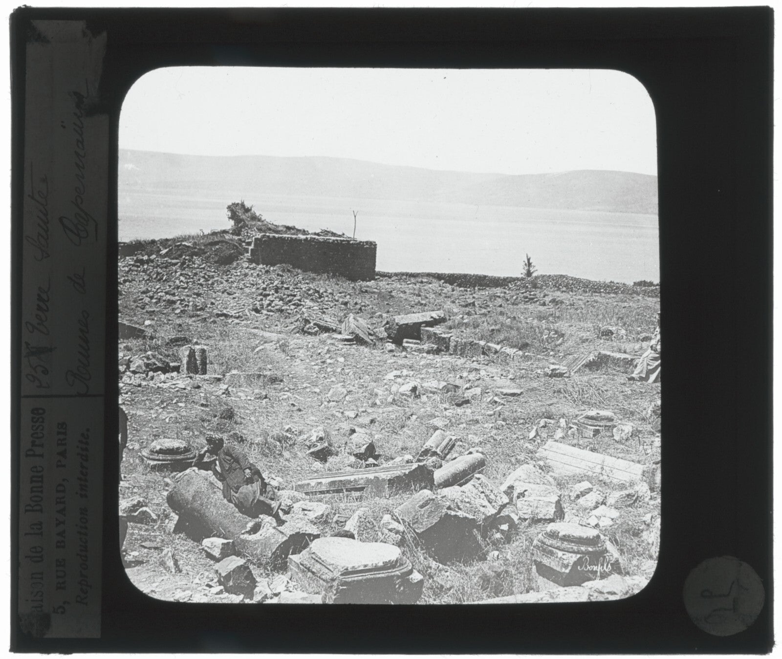 Ruines de Capharnaüm, Israël, photo ancienne plaque de verre, positif 8,5x10 cm