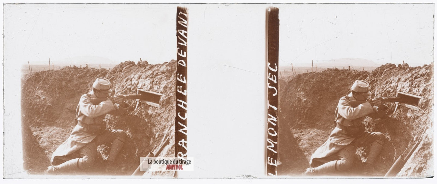 Tranchée devant le Mont Sec, guerre WW1, plaque verre stéréo, photo 4,5x10,7 cm