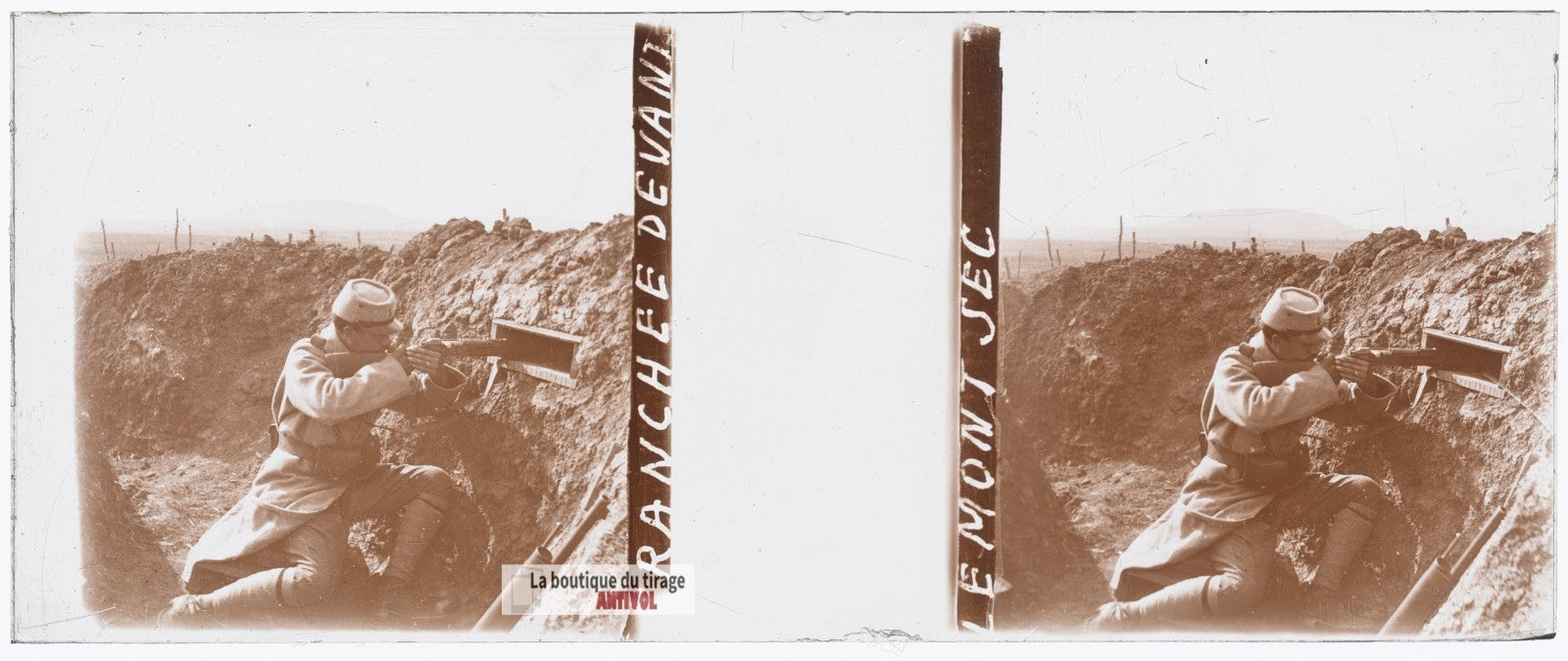 Tranchée devant le Mont Sec, guerre WW1, plaque verre stéréo, photo 4,5x10,7 cm