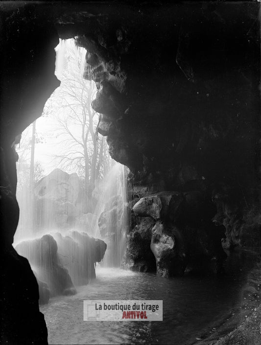 Cascade du bois de Boulogne Paris, plaque verre, photo ancienne, négatif 9x12 cm