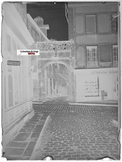 Dinan, Portail du Pélican, Plaque verre photo, négatif noir & blanc 9x12 cm