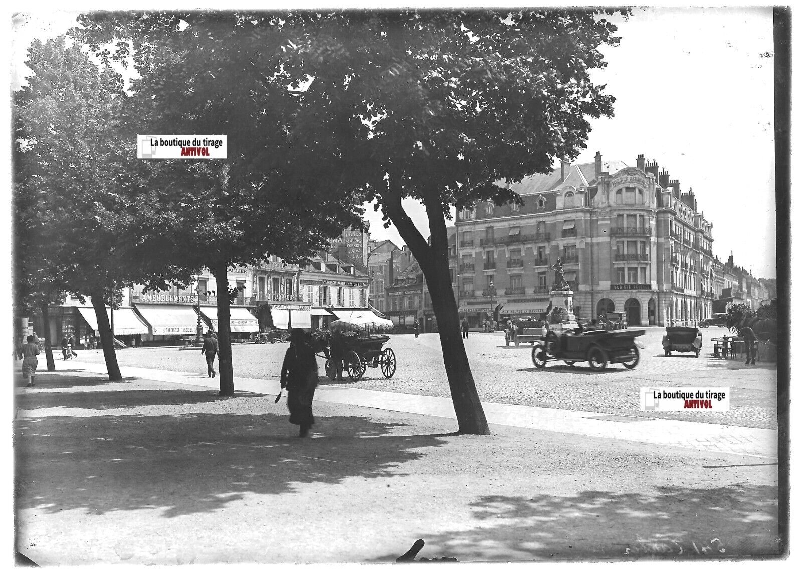 Plaque verre photo ancienne positif noir & blanc 13x18 cm, Tarbes, voitures