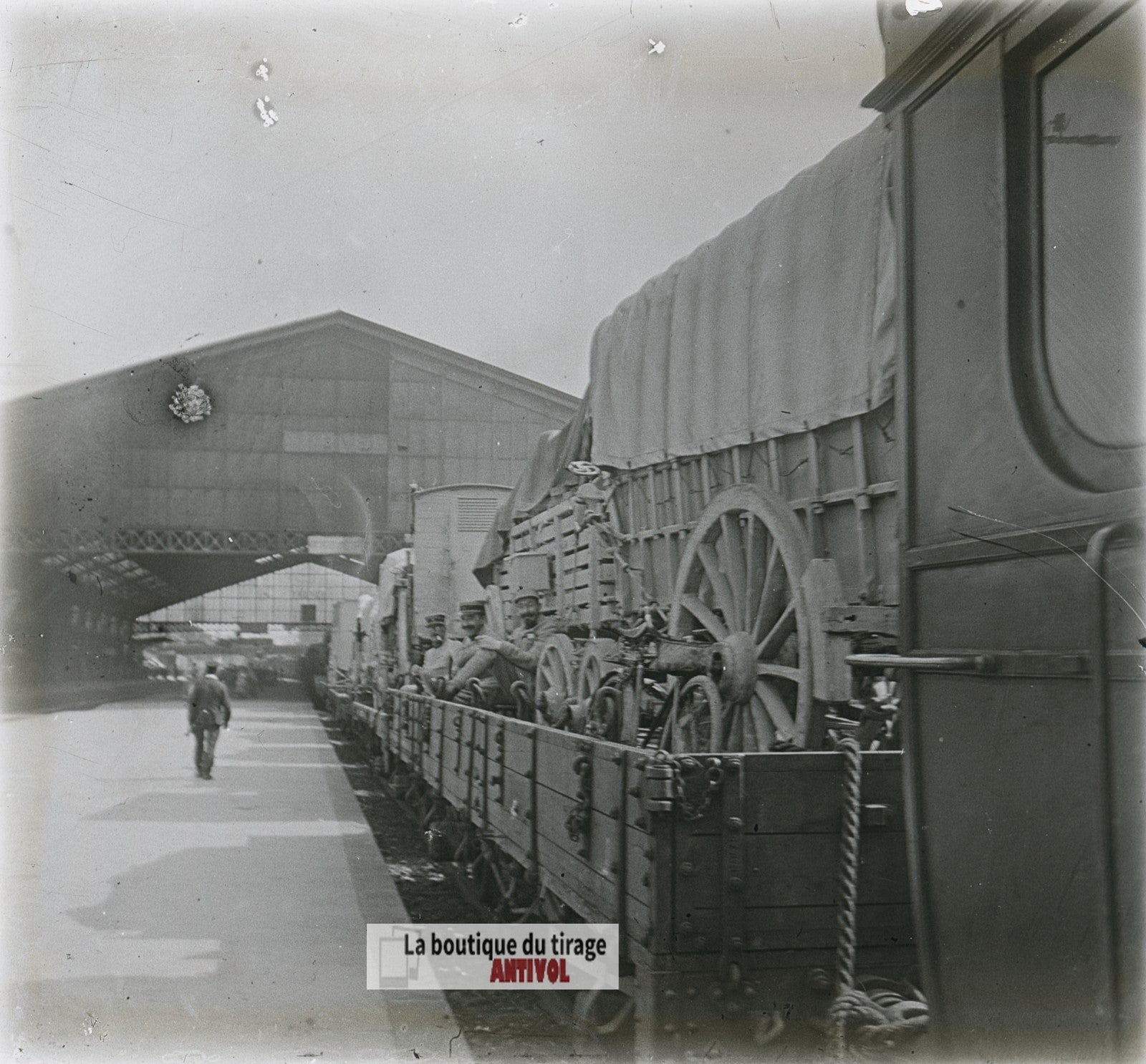 Train militaire, gare, guerre WW1, plaque verre photo ancienne stéréo 6x13 cm