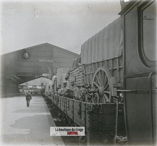 Train militaire, gare, guerre WW1, plaque verre photo ancienne stéréo 6x13 cm