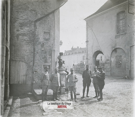 Groupe d'officiers français, WW1, plaque verre photo ancienne stéréo 6x13 cm