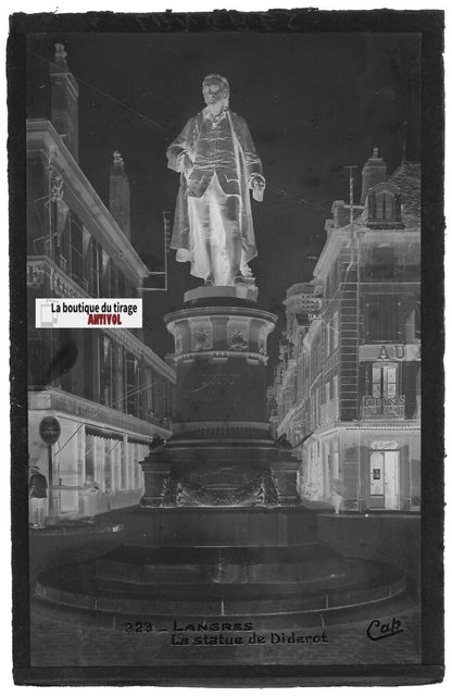 Plaque verre photo négatif noir & blanc 9x14 cm Langres, statue Diderot France