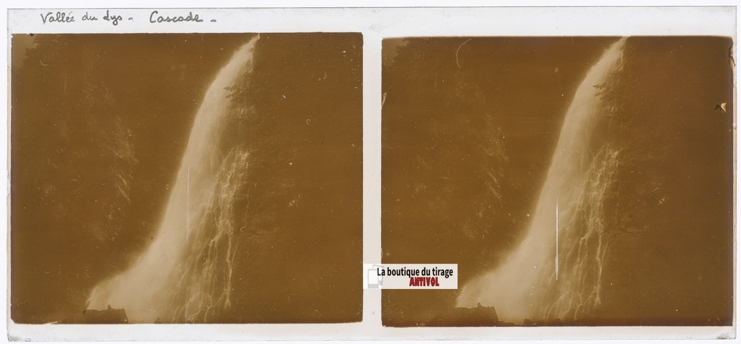 Vallée du Lys, cascade eau, plaque verre, photo ancienne stéréo, sépia 6x13 cm