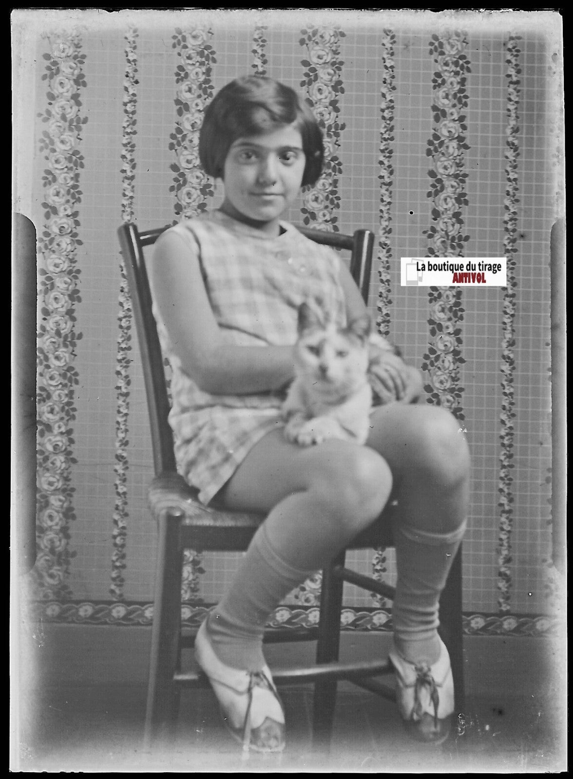 Petite fille chat, Plaque verre photo ancienne, négatif noir & blanc 6x9 cm
