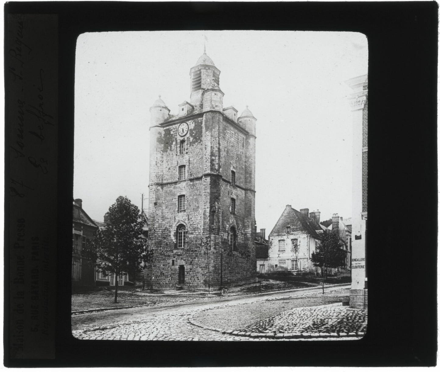 Beffroi de Saint-Riquier, Somme, photo ancienne plaque verre, positif 8,5x10 cm