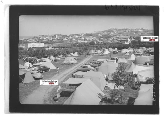 Plaque verre photo positif noir & blanc 13x18 cm camping Bidart voitures France