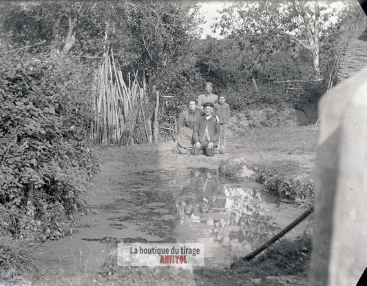 Portrait de famille, eau, plaque verre, photo ancienne, négatif 9x12 cm