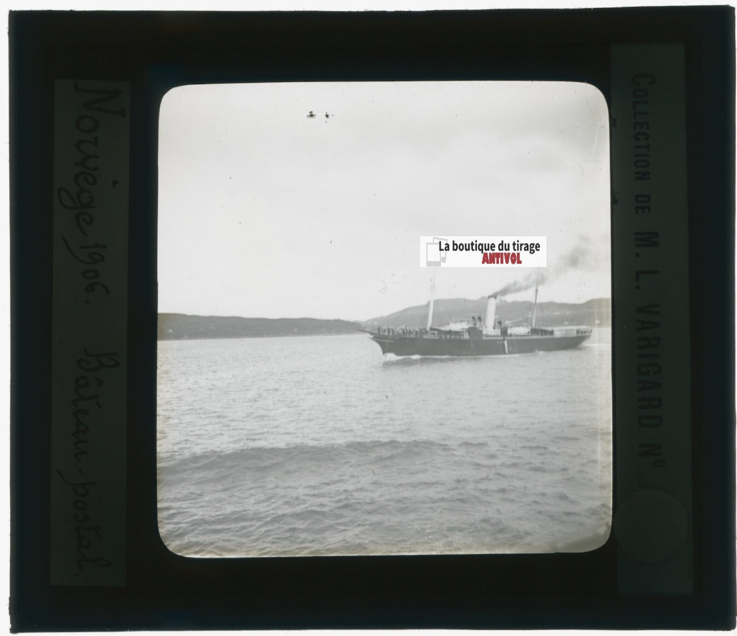 Norvège, bâteau postal, photo plaque de verre, noir & blanc, positif 8,5x10 cm