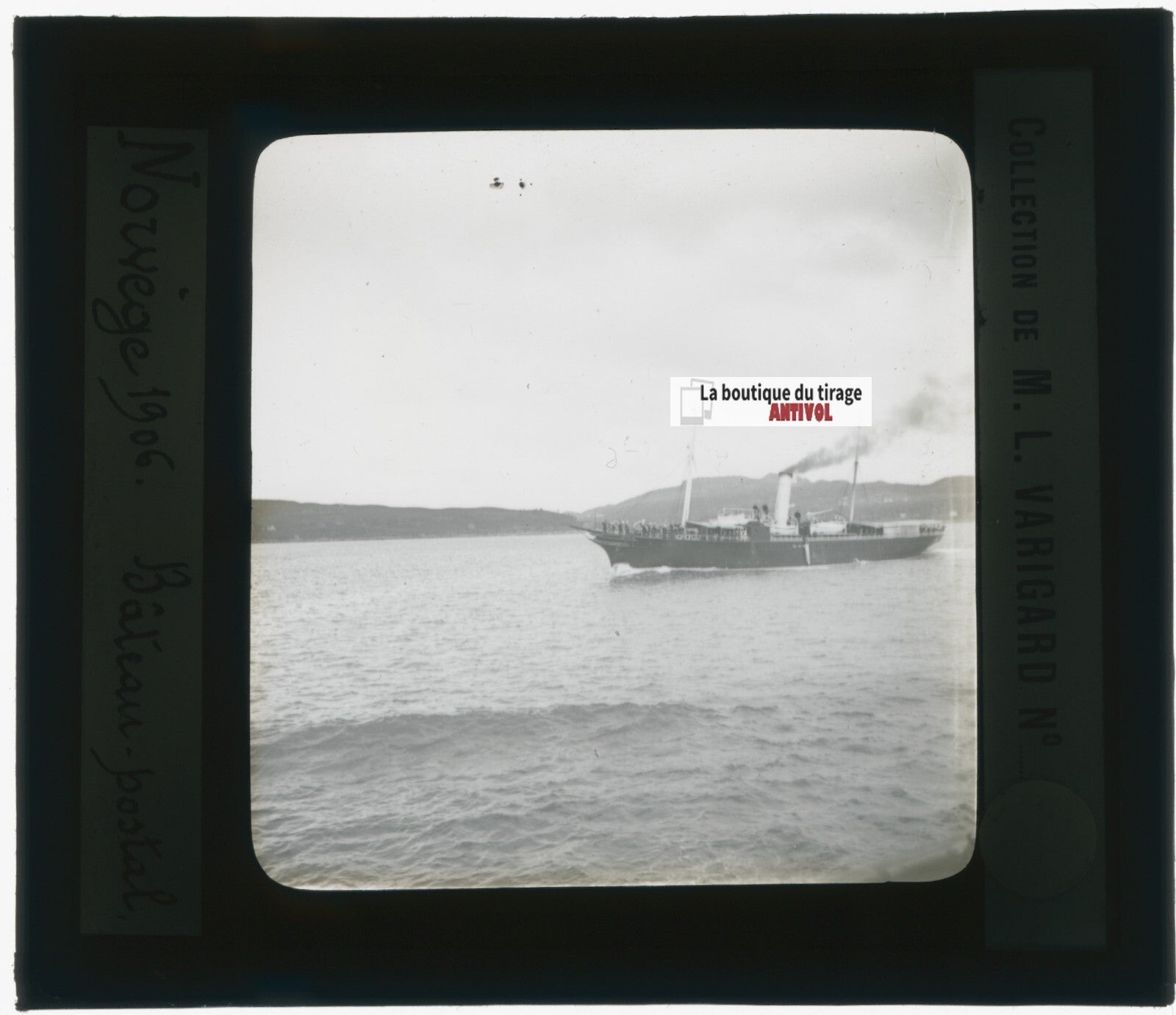 Norvège, bâteau postal, photo plaque de verre, noir & blanc, positif 8,5x10 cm