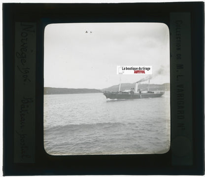 Norvège, bâteau postal, photo plaque de verre, noir & blanc, positif 8,5x10 cm