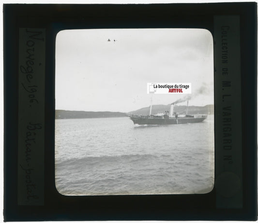 Norvège, bâteau postal, photo plaque de verre, noir & blanc, positif 8,5x10 cm