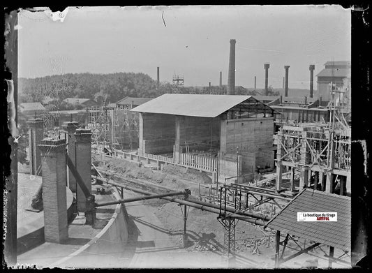 Usine, industrie, Plaque verre photo ancienne, négatif noir & blanc 6x9 cm