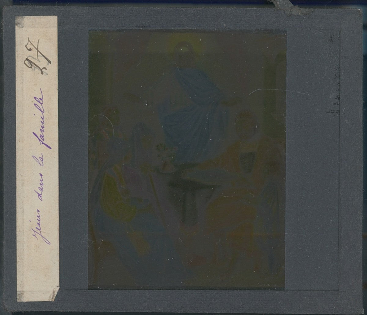 La prière en famille, Jésus, dessin, plaque verre ancienne, couleur 8,5x10 cm