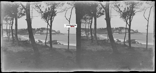 Perros-Guirec Trestraou, Plaque verre photo stéréo, négatif noir & blanc 6x13 cm