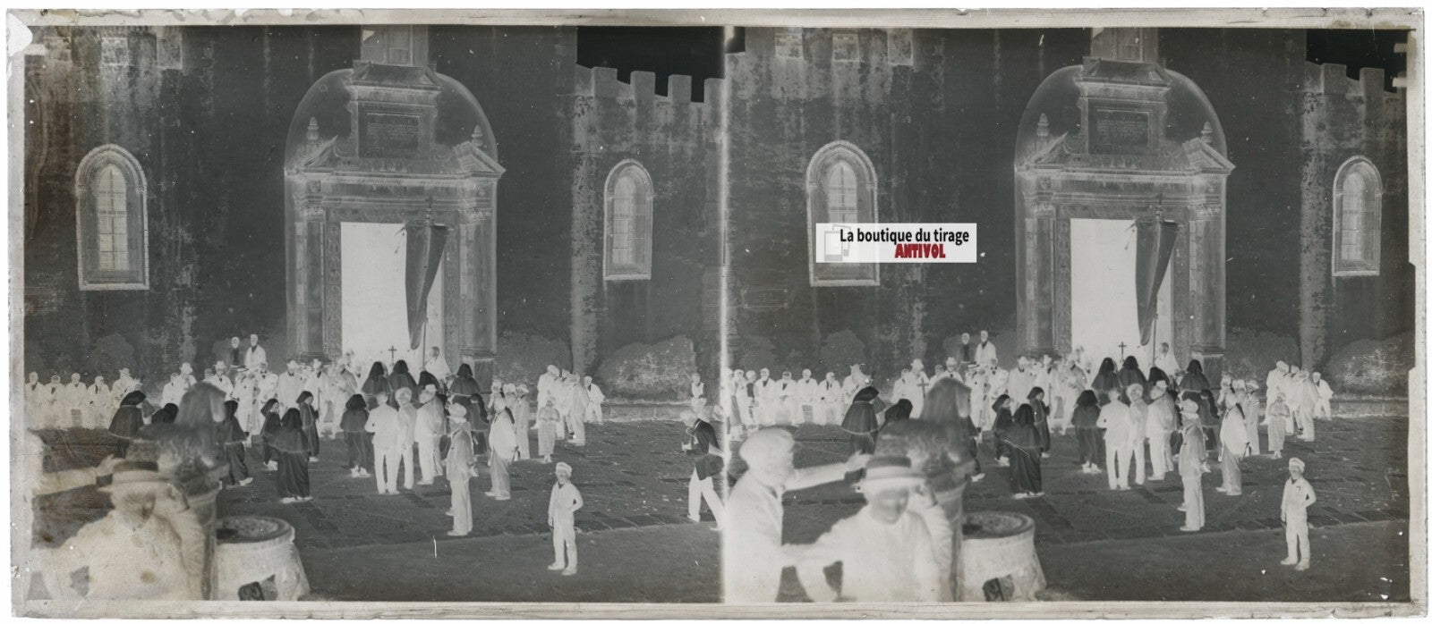 Fête religieuse, église, Italie, stéréo photo plaque verre, négatif 8x18 cm