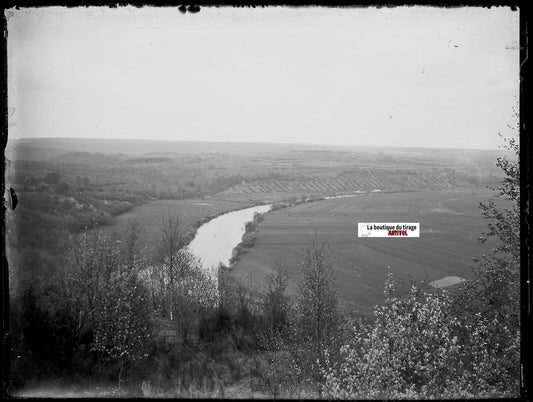 Paysage, eau, Plaque verre photo ancienne, négatif noir & blanc 9x12 cm