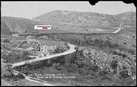 Plaque verre photo ancienne négatif noir & blanc 9x14 cm, Èze, route, paysage