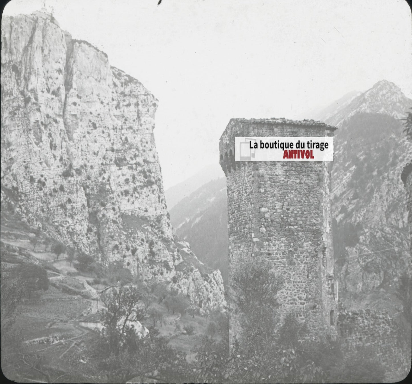 Tour et rocher de Castellane, photo ancienne plaque de verre, positif 8,5x10 cm