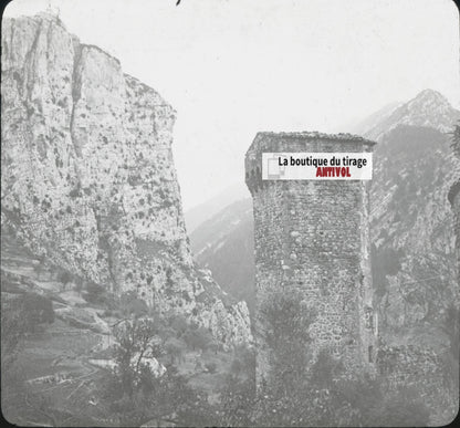 Tour et rocher de Castellane, photo ancienne plaque de verre, positif 8,5x10 cm