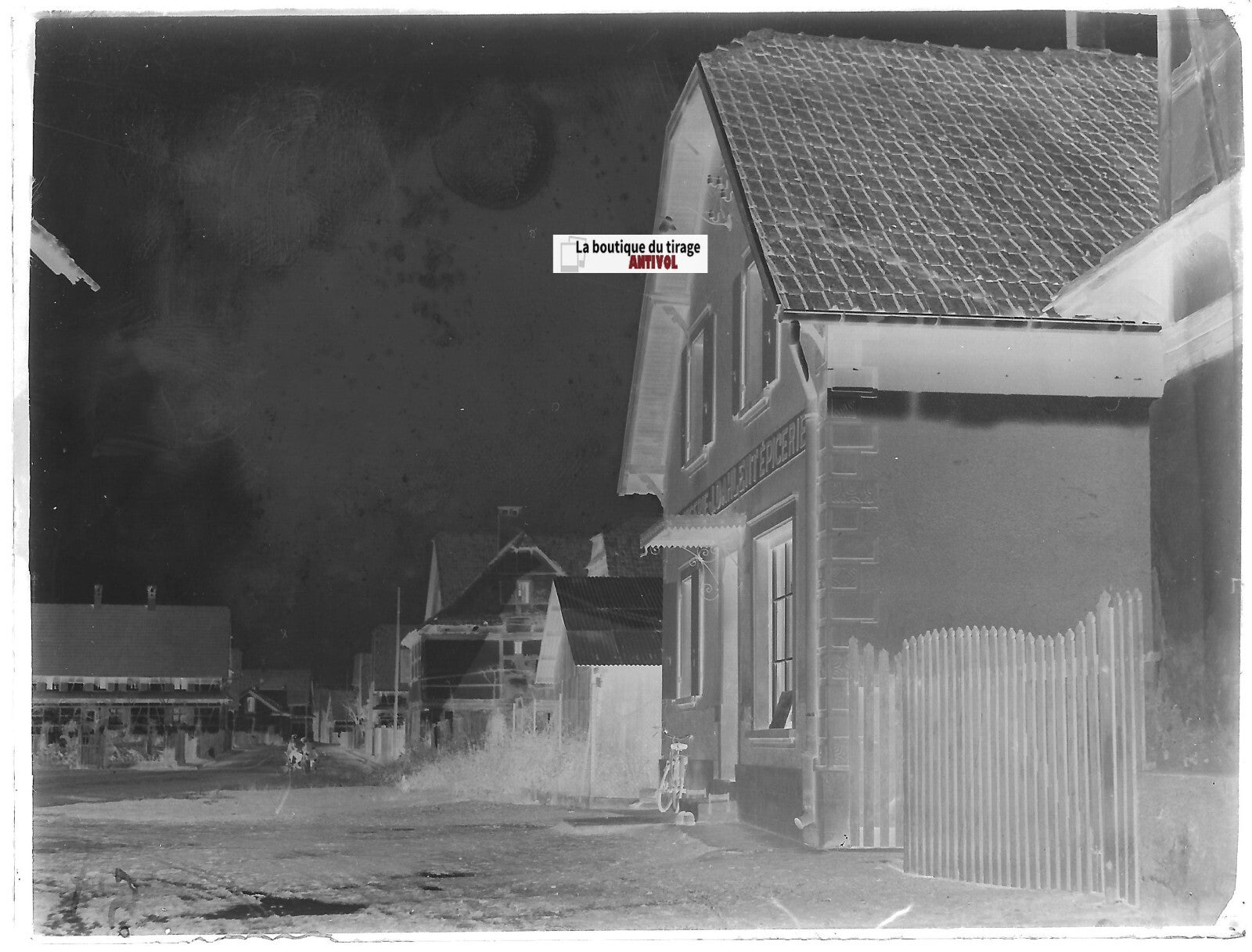 Hindisheim, épicerie, Plaque verre photo ancienne, négatif noir & blanc 9x12 cm