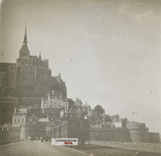 Mont-Saint-Michel, wagon train, plaque verre stéréo, photo ancienne 4,5x10,7 cm