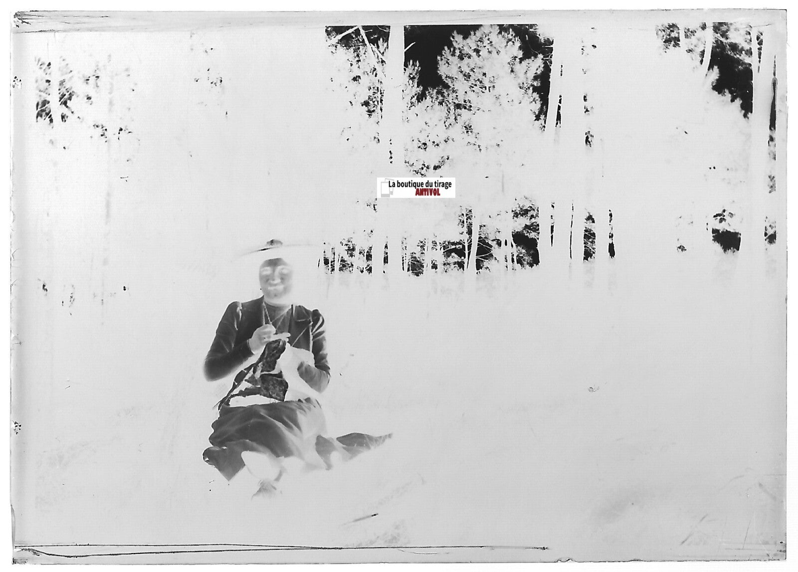 Femme, forêt, broderie, Plaque verre photo, négatif ancien noir & blanc 6x9 cm