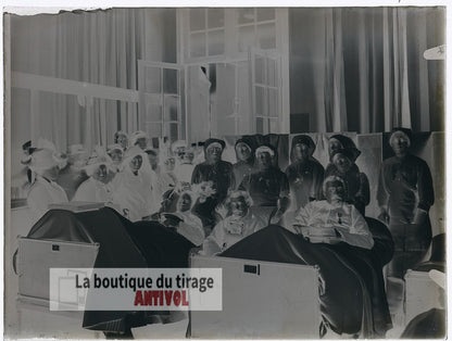 Blessés, militaires, hôpital WW1, plaque verre, photo ancienne, négatif 9x12 cm