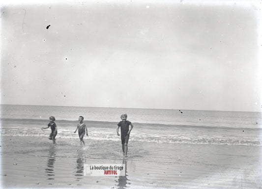 Berck-sur-Mer, course vagues, plaque verre photo ancienne, négatif 9x12 cm