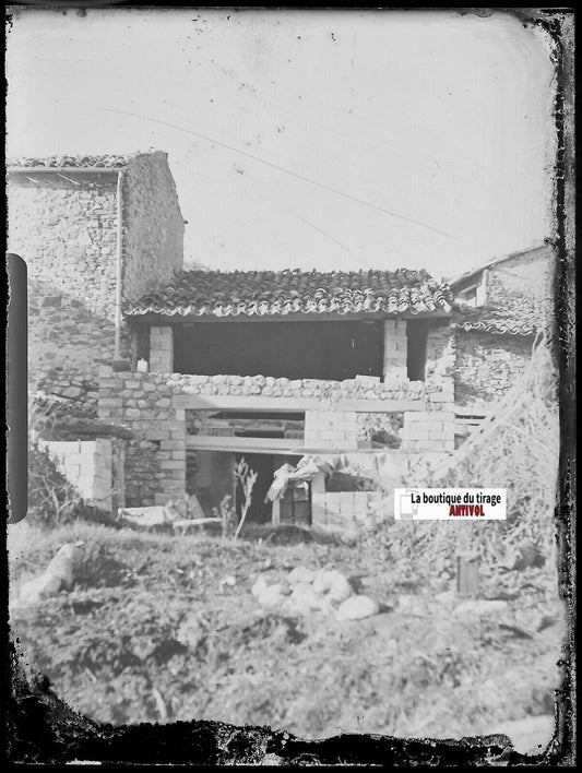 Maison, travaux, Plaque verre photo ancienne, négatif noir & blanc 9x12 cm