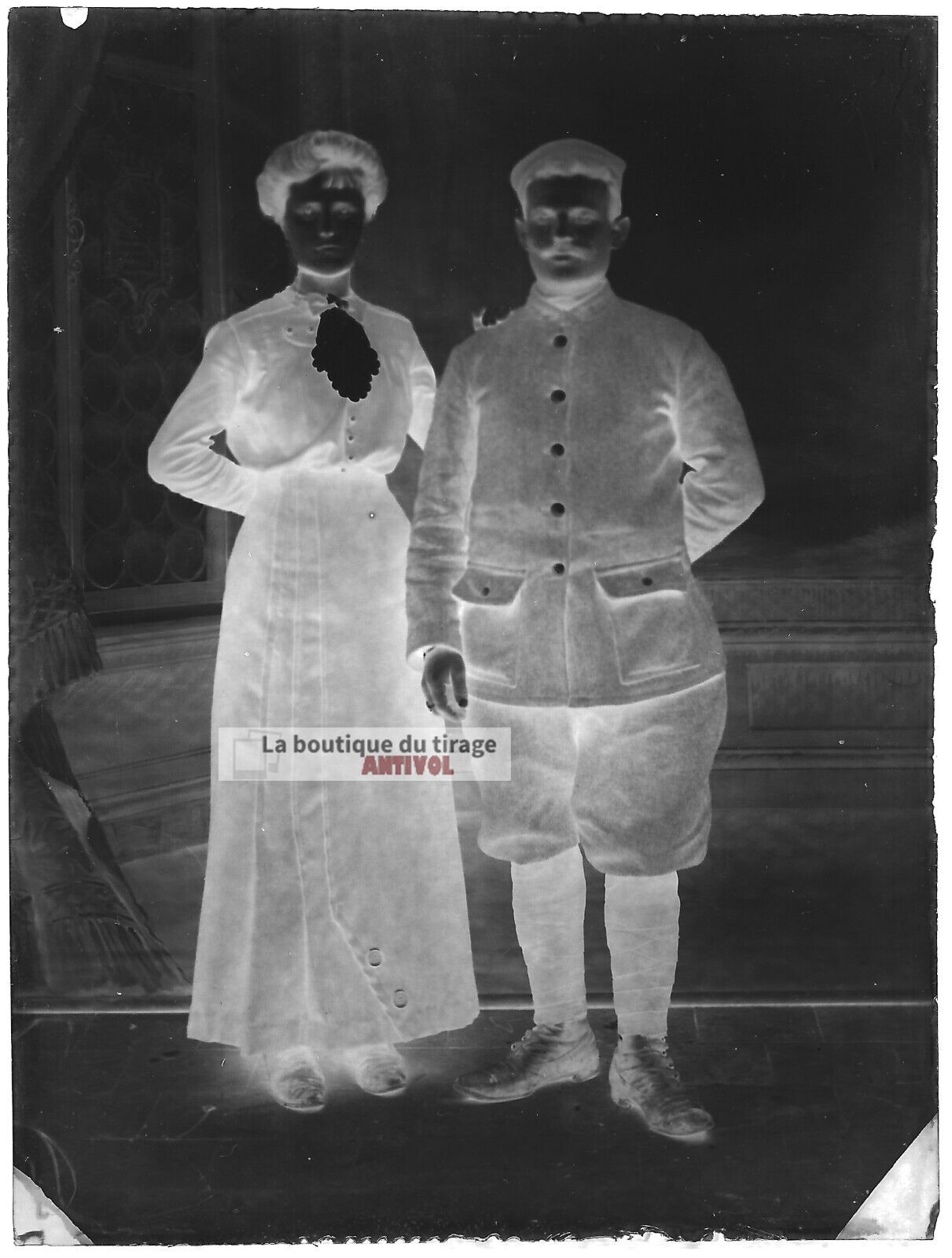 Plaque verre photo ancienne négatif noir et blanc 9x12 cm couple soldat femme 