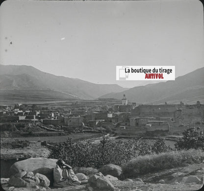 Village, Montagne, Maroc, photo ancienne plaque verre, positif 8,5x10 cm