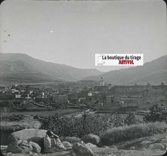 Village, Montagne, Maroc, photo ancienne plaque verre, positif 8,5x10 cm