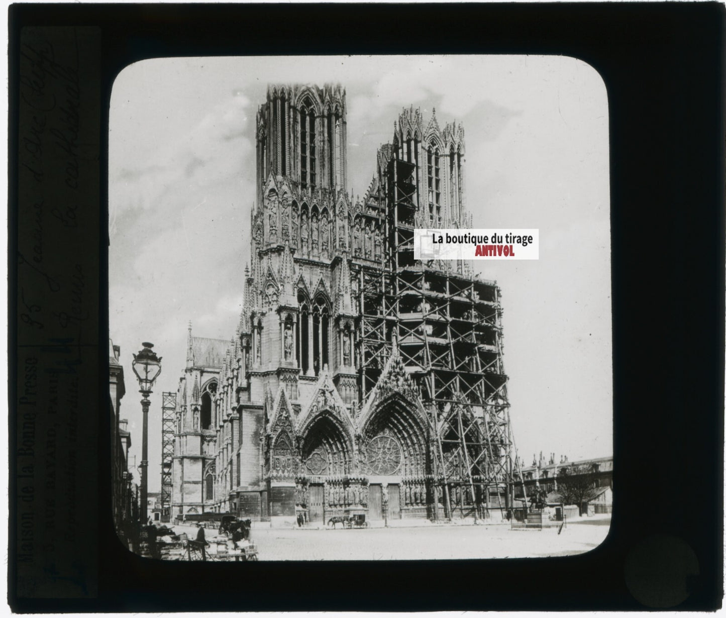 Cathédrale de Reims 1914, photo plaque verre, noir & blanc, positif 8,5x10 cm