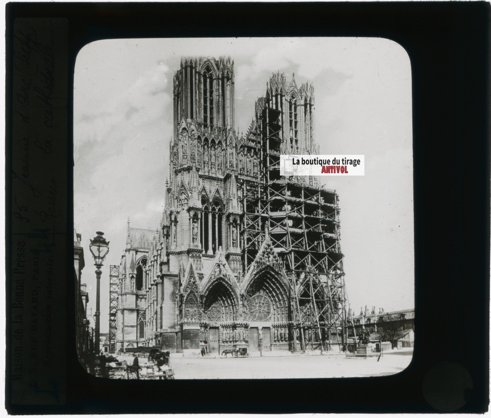Cathédrale de Reims 1914, photo plaque verre, noir & blanc, positif 8,5x10 cm