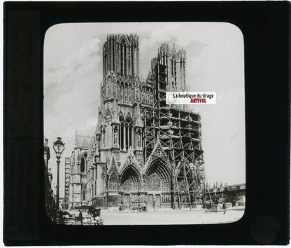 Cathédrale de Reims 1914, photo plaque verre, noir & blanc, positif 8,5x10 cm
